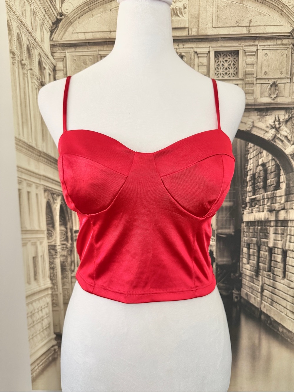 Preloved Red Satin Bustier Crop Top - Women